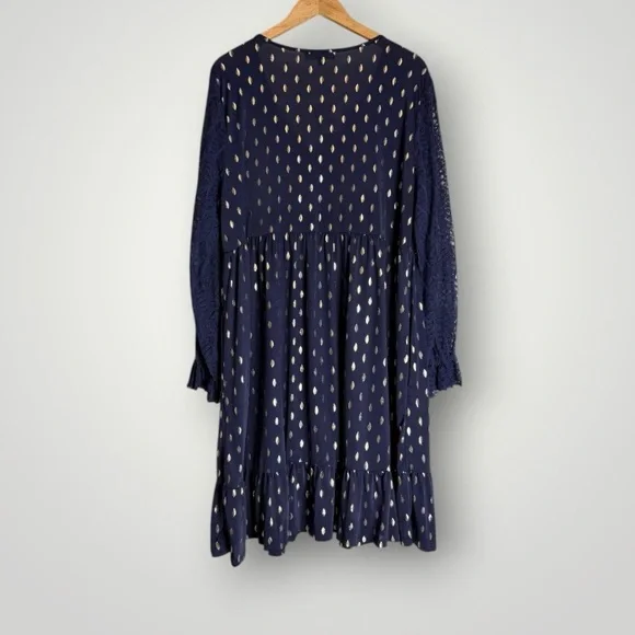 Suzanne Betro Gold Leaf Print Empire Dress Sz 1X Lace Sleeve Ruffle Cuff Pockets - Picture 4 of 8